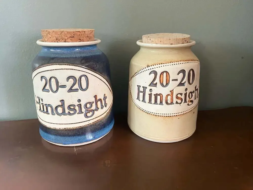 Set of 2 Artisan Ceramic 20-20 Hindsight Storage Jars with Cork Lids